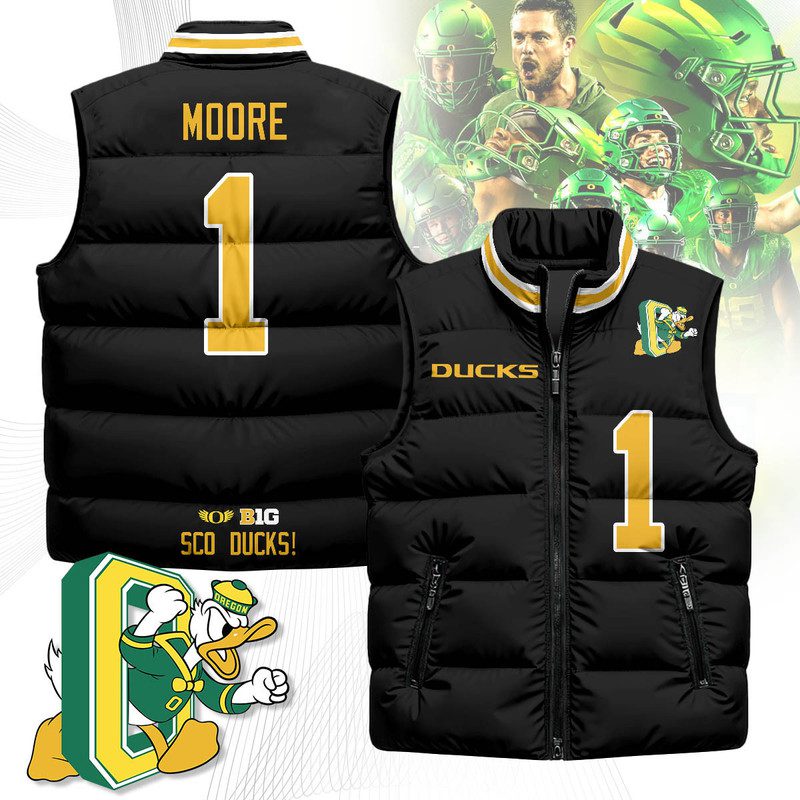 Oregon-Ducks-Unisex-Puffer-Vest-Sleeveless-Down-Jacket-Black-Dakorien-Moore-1 Oregon Ducks Unisex Puffer Vest Sleeveless Down Jacket- Black / Dakorien Moore - 1