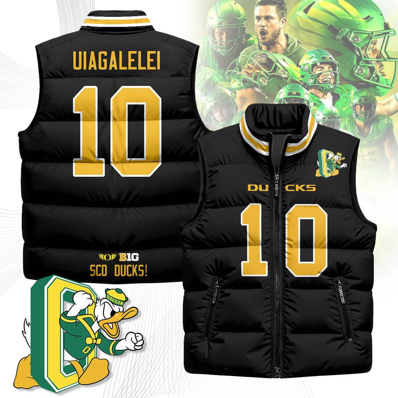 Oregon-Ducks-Unisex-Puffer-Vest-Sleeveless-Down-Jacket-Black-Matayo-Uiagalelei-10 Oregon Ducks Unisex Puffer Vest Sleeveless Down Jacket- Black / Matayo Uiagalelei - 10