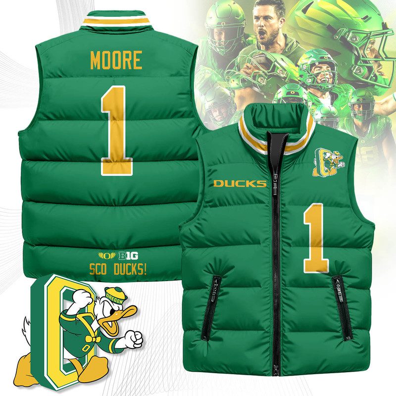 Oregon-Ducks-Unisex-Puffer-Vest-Sleeveless-Down-Jacket-Green-Dakorien-Moore-1 Oregon Ducks Unisex Puffer Vest Sleeveless Down Jacket- Green / Dakorien Moore - 1