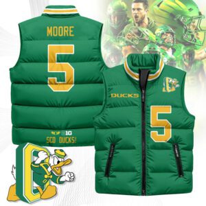 Oregon Ducks Unisex Puffer Vest Sleeveless Down Jacket- Green / Dante Moore - 5