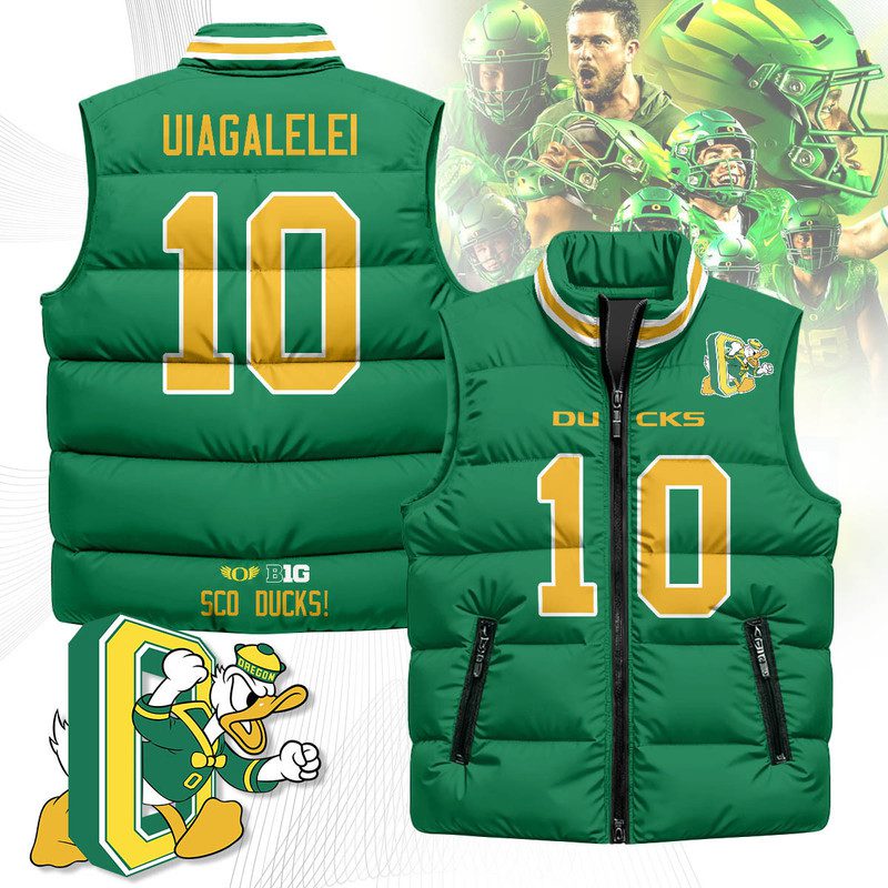 Oregon-Ducks-Unisex-Puffer-Vest-Sleeveless-Down-Jacket-Green-Matayo-Uiagalelei-10 Oregon Ducks Unisex Puffer Vest Sleeveless Down Jacket- Green / Matayo Uiagalelei - 10