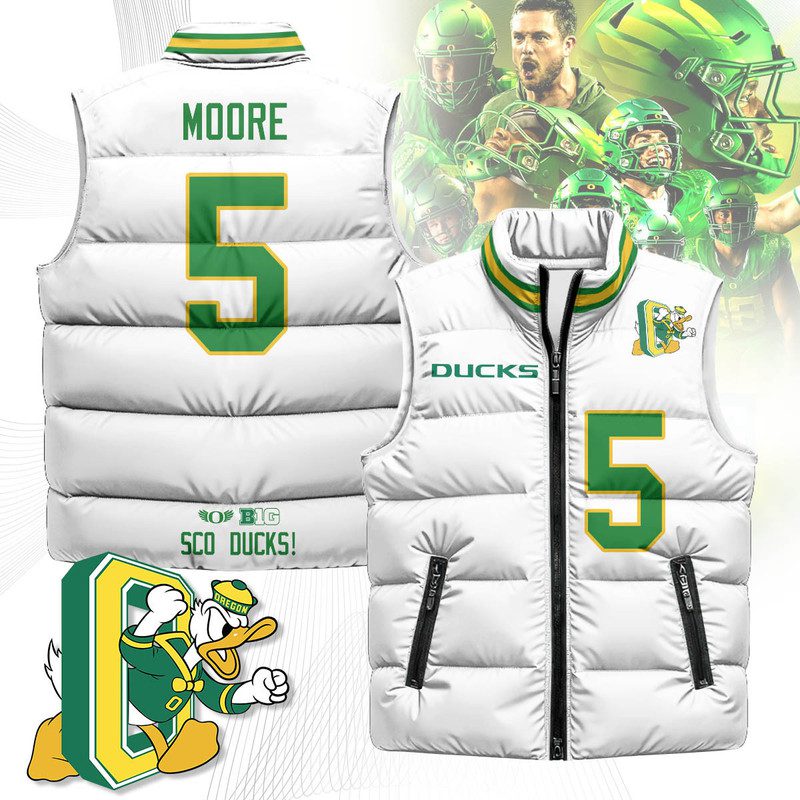 Oregon-Ducks-Unisex-Puffer-Vest-Sleeveless-Down-Jacket-White-Dante-Moore-5 Oregon Ducks Unisex Puffer Vest Sleeveless Down Jacket- White / Dante Moore - 5