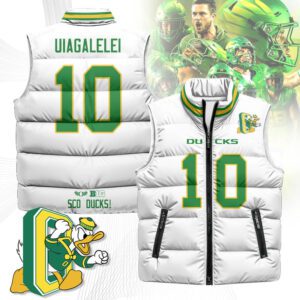 Oregon Ducks Unisex Puffer Vest Sleeveless Down Jacket- White / Matayo Uiagalelei - 10