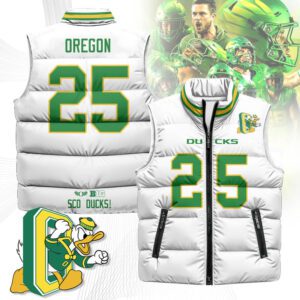 Oregon Ducks Unisex Puffer Vest Sleeveless Down Jacket- White / Oregon - 25