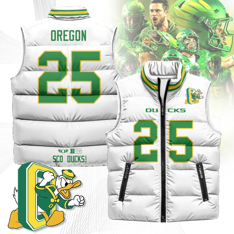 Oregon-Ducks-Unisex-Puffer-Vest-Sleeveless-Down-Jacket-White-Oregon-25 Oregon Ducks Unisex Puffer Vest Sleeveless Down Jacket- White / Oregon - 25