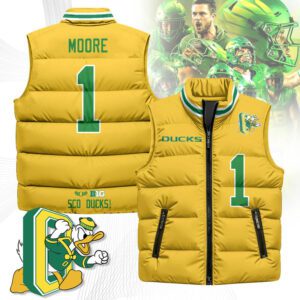 Oregon Ducks Unisex Puffer Vest Sleeveless Down Jacket- Yellow / Dakorien Moore - 1