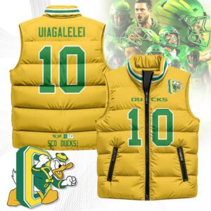 Oregon Ducks Unisex Puffer Vest Sleeveless Down Jacket- Yellow / Matayo Uiagalelei - 10