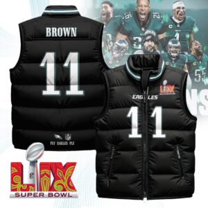 Philadelphia Eagles Unisex Puffer Vest Sleeveless Down Jacket- Black / A. J. Brown - 11
