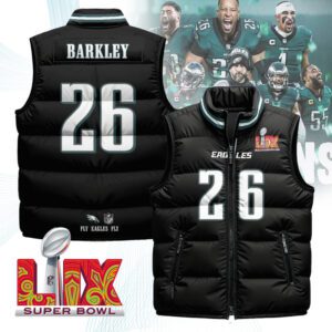 Philadelphia Eagles Unisex Puffer Vest Sleeveless Down Jacket- Black / Saquon Barkley - 26