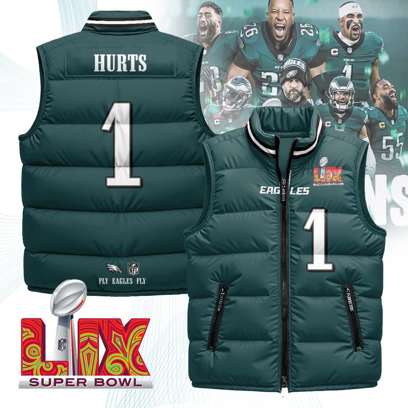 Philadelphia-Eagles-Unisex-Puffer-Vest-Sleeveless-Down-Jacket-Green-Jalen-Hurts-1 Philadelphia Eagles Unisex Puffer Vest Sleeveless Down Jacket- Green / Jalen Hurts - 1