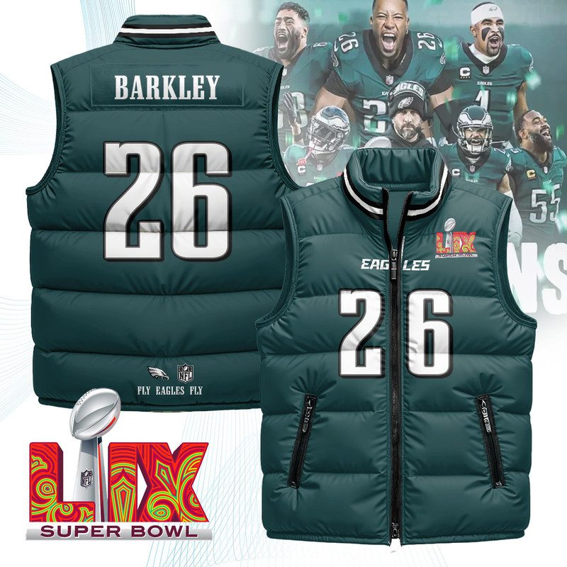 Philadelphia-Eagles-Unisex-Puffer-Vest-Sleeveless-Down-Jacket-Green-Saquon-Barkley-26 Philadelphia Eagles Unisex Puffer Vest Sleeveless Down Jacket- Green / Saquon Barkley - 26
