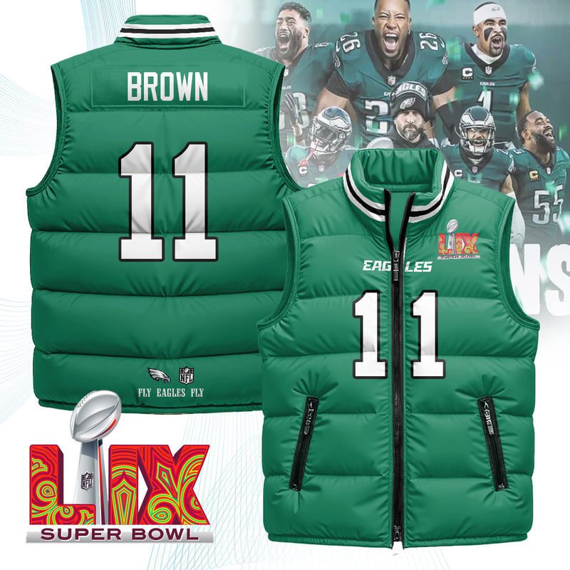 Philadelphia-Eagles-Unisex-Puffer-Vest-Sleeveless-Down-Jacket-Kelly-Green-A.-J.-Brown-11 Philadelphia Eagles Unisex Puffer Vest Sleeveless Down Jacket- Kelly Green / A. J. Brown - 11