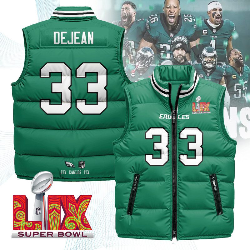 Philadelphia-Eagles-Unisex-Puffer-Vest-Sleeveless-Down-Jacket-Kelly-Green-Cooper-DeJean-33 Philadelphia Eagles Unisex Puffer Vest Sleeveless Down Jacket- Kelly Green / Cooper DeJean - 33