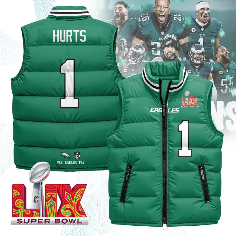 Philadelphia-Eagles-Unisex-Puffer-Vest-Sleeveless-Down-Jacket-Kelly-Green-Jalen-Hurts-1 Philadelphia Eagles Unisex Puffer Vest Sleeveless Down Jacket- Kelly Green / Jalen Hurts - 1