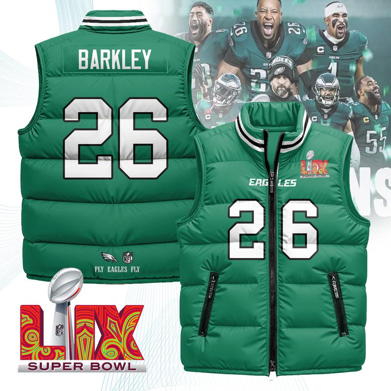 Philadelphia-Eagles-Unisex-Puffer-Vest-Sleeveless-Down-Jacket-Kelly-Green-Saquon-Barkley-26 Philadelphia Eagles Unisex Puffer Vest Sleeveless Down Jacket- Kelly Green / Saquon Barkley - 26
