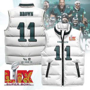 Philadelphia Eagles Unisex Puffer Vest Sleeveless Down Jacket- White / A. J. Brown - 11