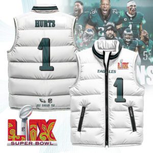 Philadelphia Eagles Unisex Puffer Vest Sleeveless Down Jacket- White / Jalen Hurts - 1