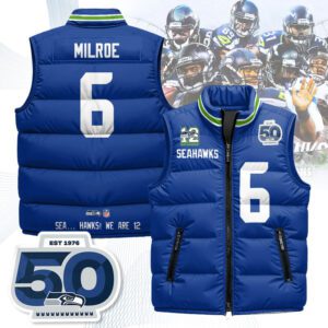 Seattle Seahawks Unisex Puffer Vest Sleeveless Down Jacket- Royal / Jalen Milroe - 6
