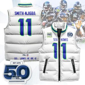 Seattle Seahawks Unisex Puffer Vest Sleeveless Down Jacket- White / Jaxon Smith-Njigba - 11