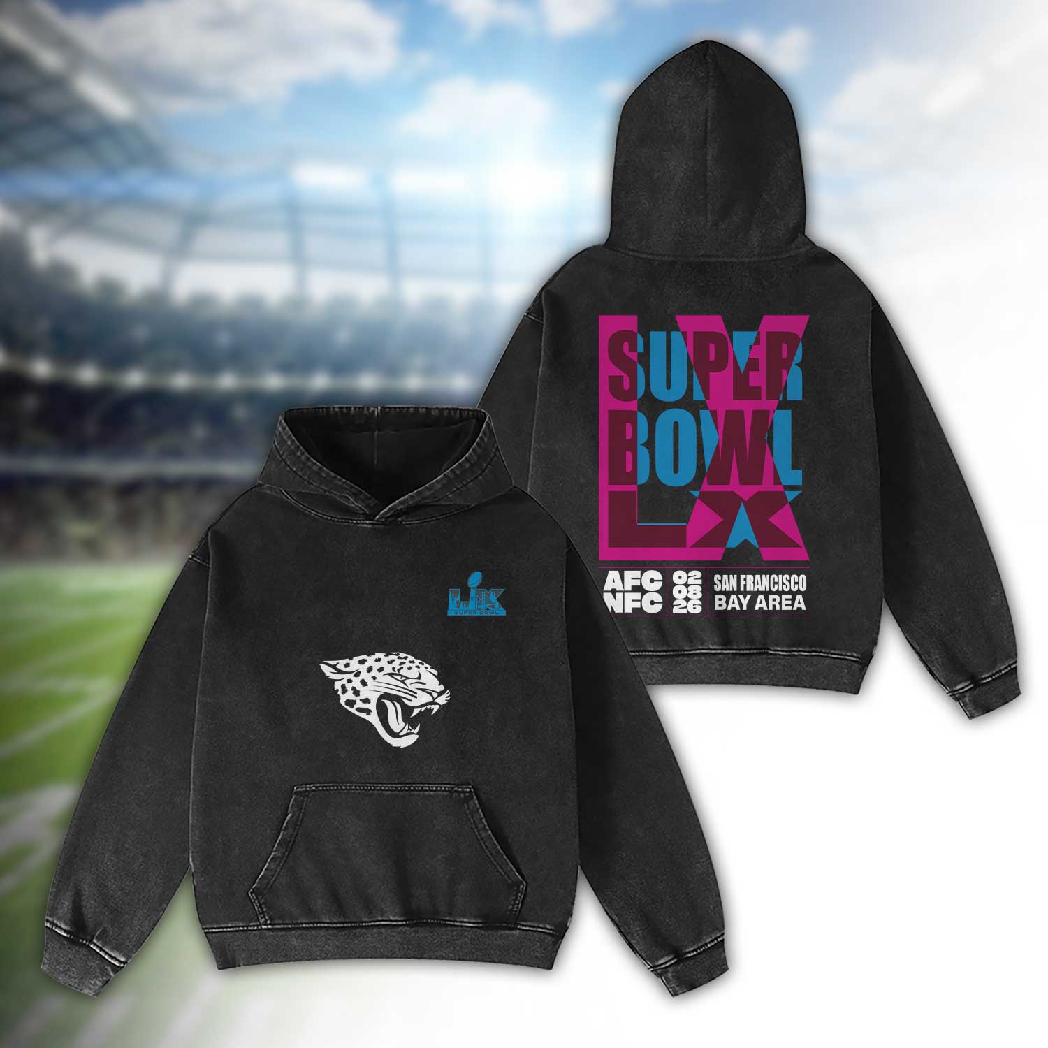 Jacksonville-Jaguars-Bad-Bunny-Super-Bowl-LX-2026-2D-Washed-Hoodie Jacksonville Jaguars Bad Bunny Super Bowl LX 2026 2D Washed Hoodie